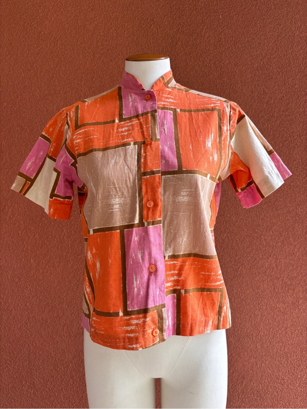 Vintage Boxy Button Front Blouse in Orange, Pink & Cream